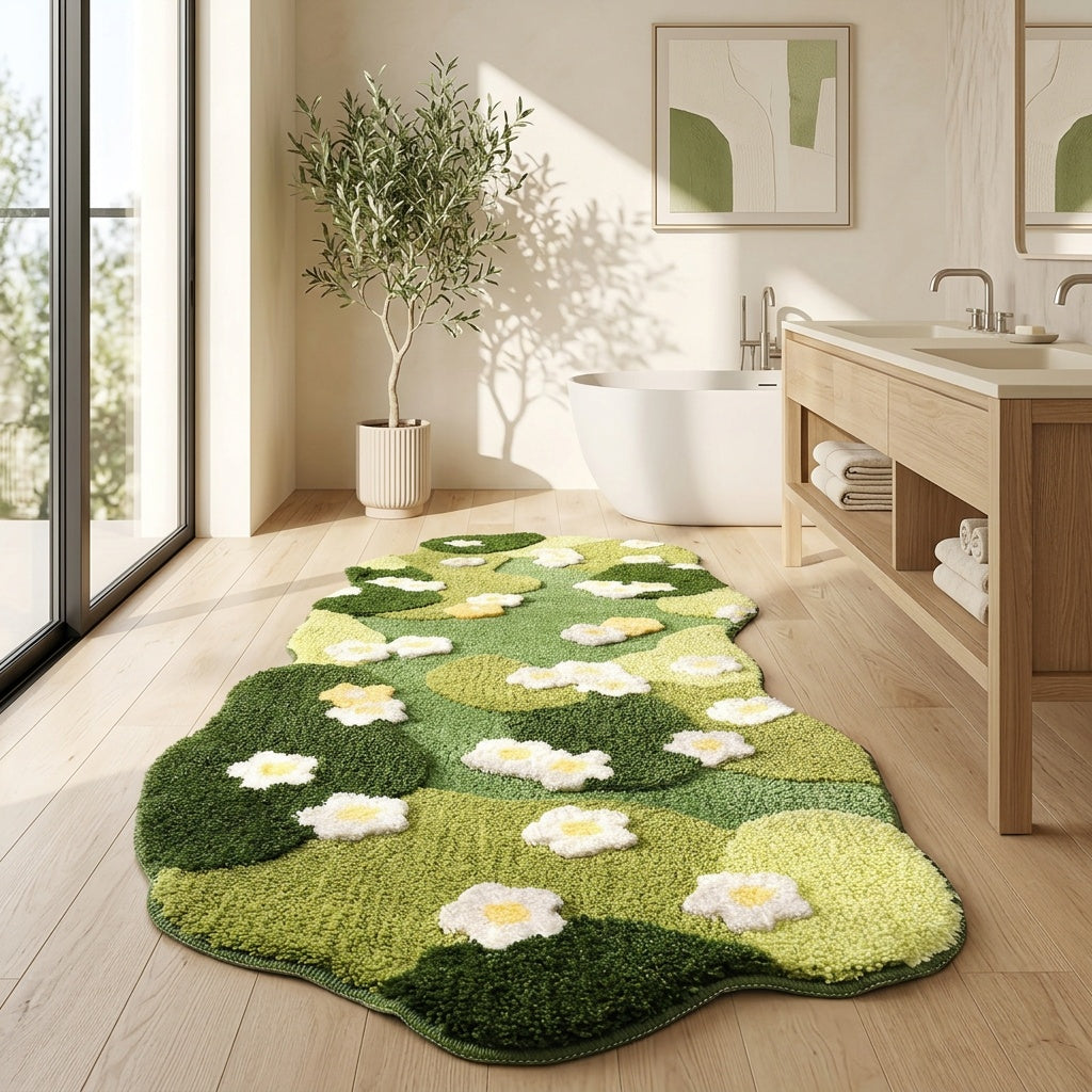 Tapis de salle de bain mousse fleuri, forme nuage tuftée
