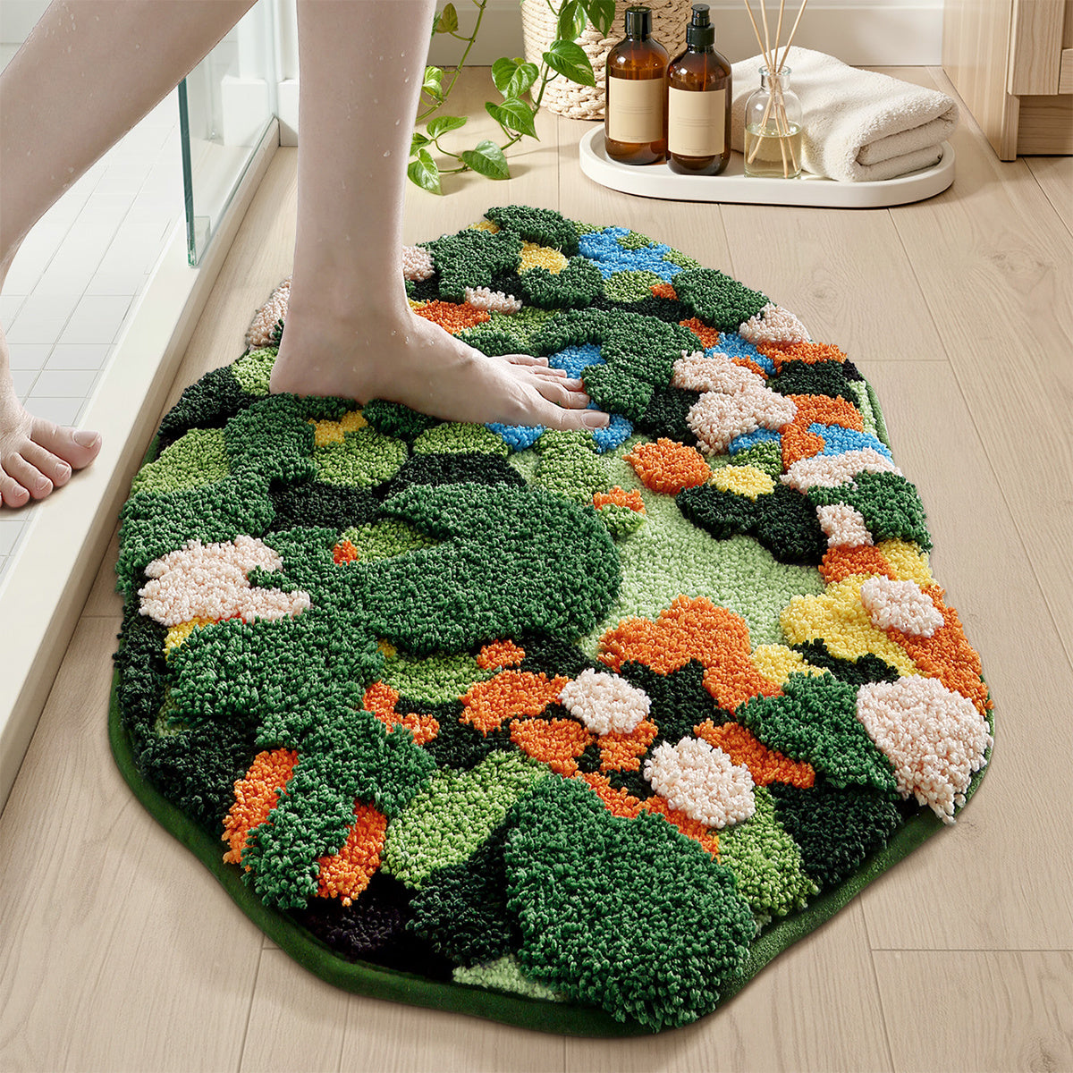 Tapis de salle de bain effet sous-bois, relief 3D tufté