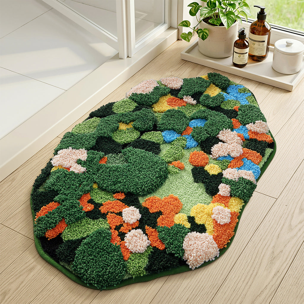 Tapis de salle de bain effet sous-bois, relief 3D tufté
