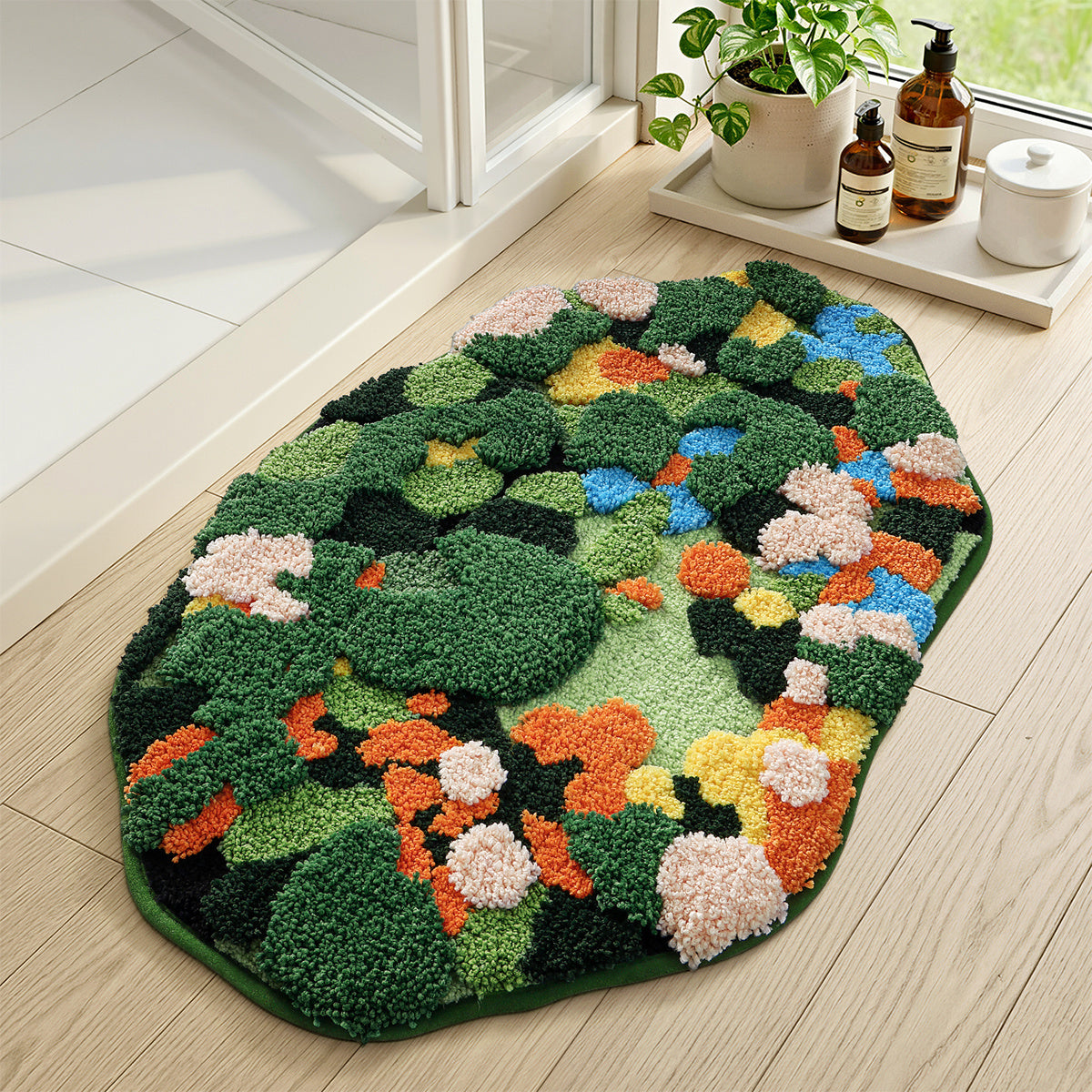 Tapis de salle de bain effet sous-bois, relief 3D tufté