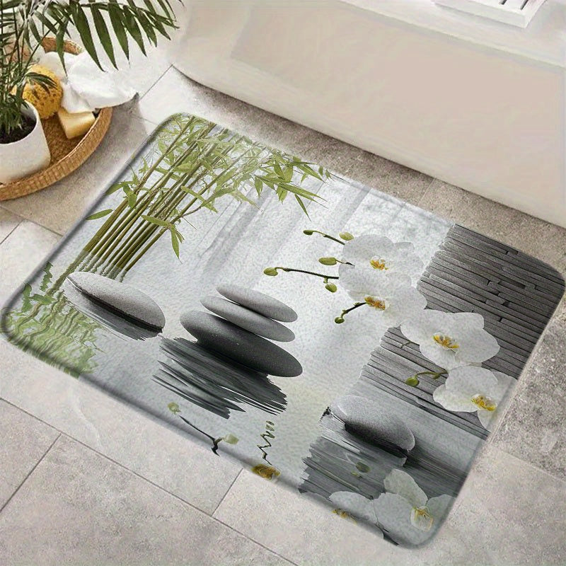 Tapis de salle de bain zen, galets et orchidées