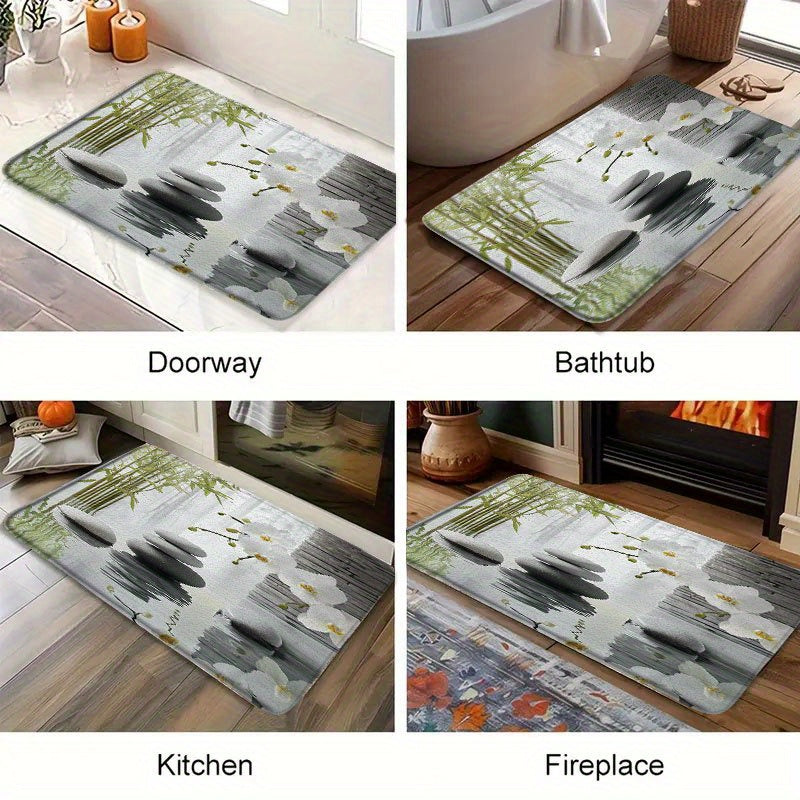 Tapis de salle de bain zen, galets et orchidées